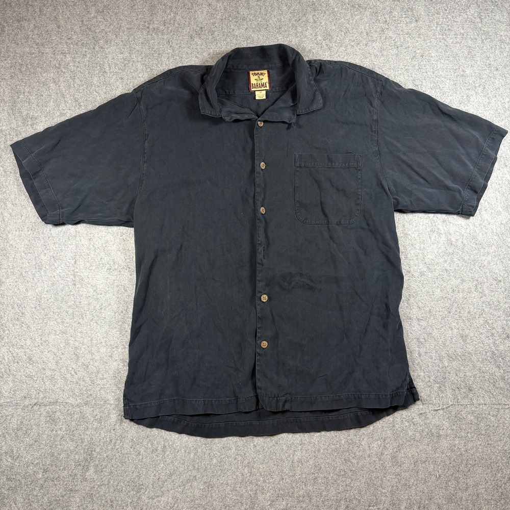 Tommy Bahama Mens Island Player Camp Shirt Medium Black Silk Saxophone Graphic